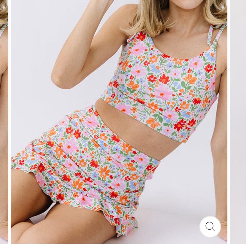 PAINTED FLORAL SHOULDER-TIE CROP TANKINI SET